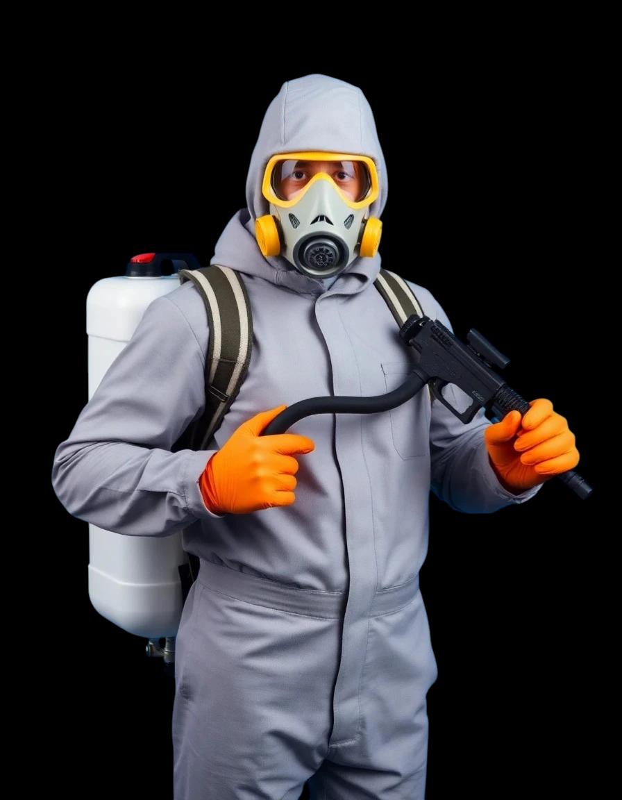 Специалист ГлавСЭС в защитном костюме